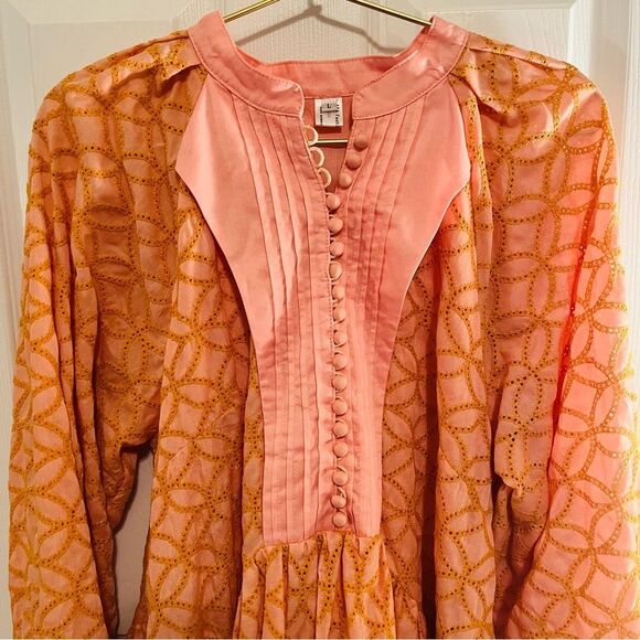 Geometric Pattern Balloon Sleeve Dress in Peach and Pink - Picture 3 of 11